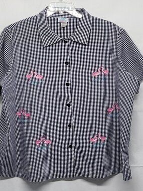 Only Necessities Womens Shirt Flamingo 2X Button Up Gingham Short Sleeve Cotton